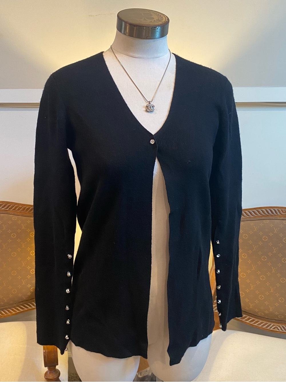 Saks Fifth Avenue Black Cashmere Rhinestone Button-Accent Cardigan Size S
